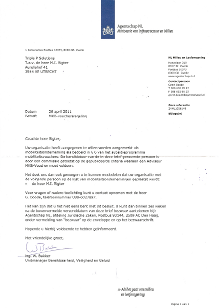Brief van 26 april 2011 van het 'Agentschap NL' (Ministerie van Infrastructuur en Milieu) met de erkenning van Maarten Rigter als 'Adviseur MKB-voucher'.